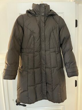 Cole Haan Long Puffer Coat in Dark Brown